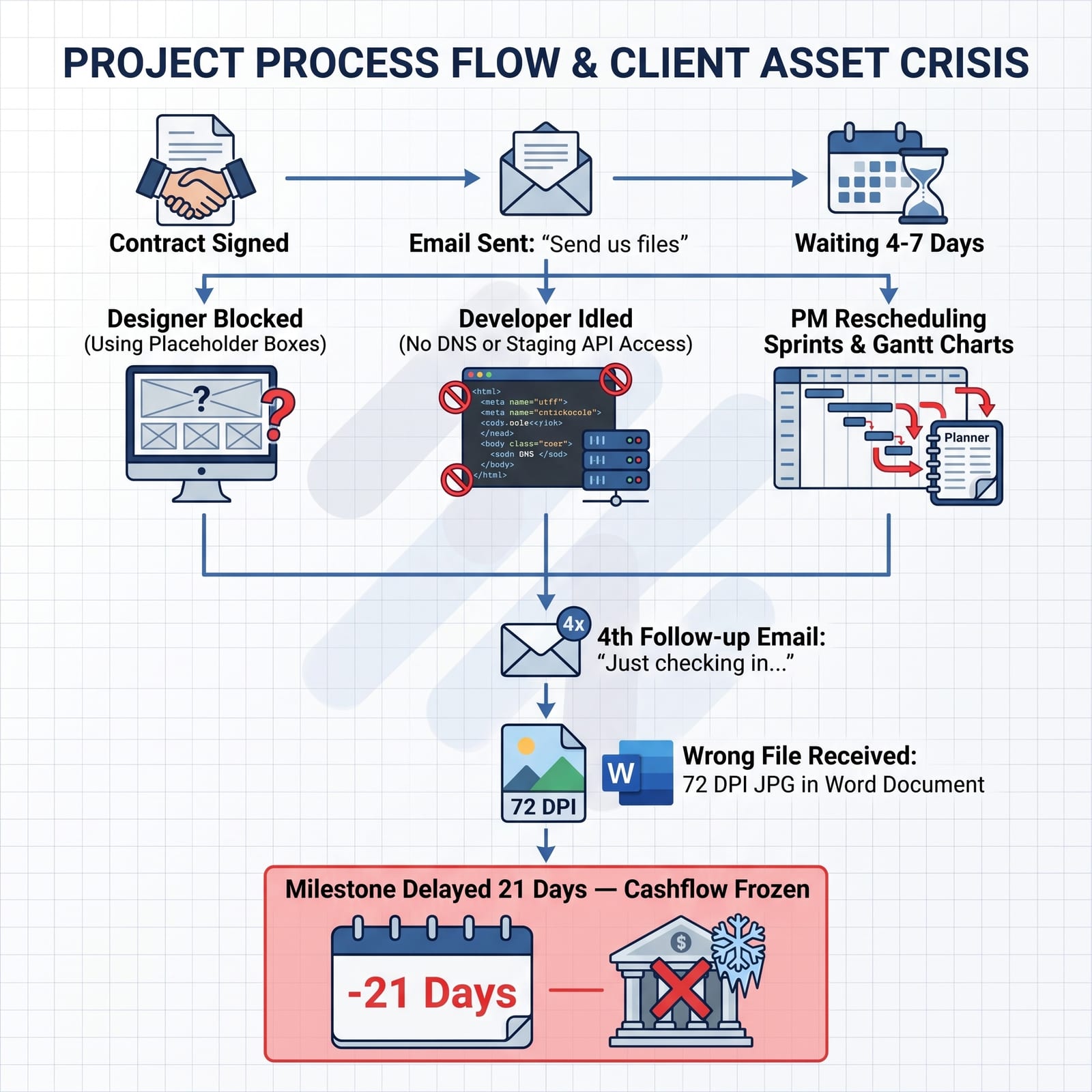 Anatomy of the Agency Chasing Cycle Infographic: Step-by-step breakdown of how chasing client assets causes context switching, idle sprint developers, and delayed agency milestone invoicing